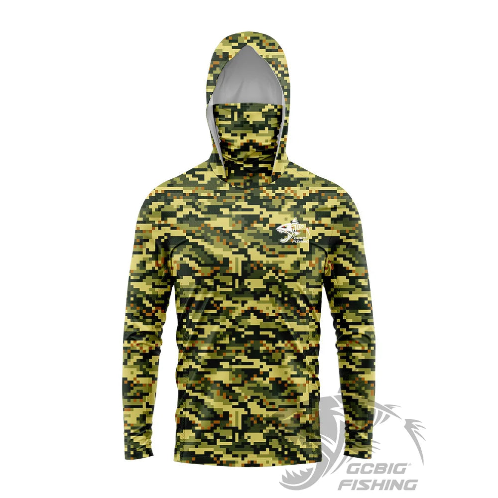 Men's UPF50+ Jungle Camo Hooded Fishing Shirt with Face Mask