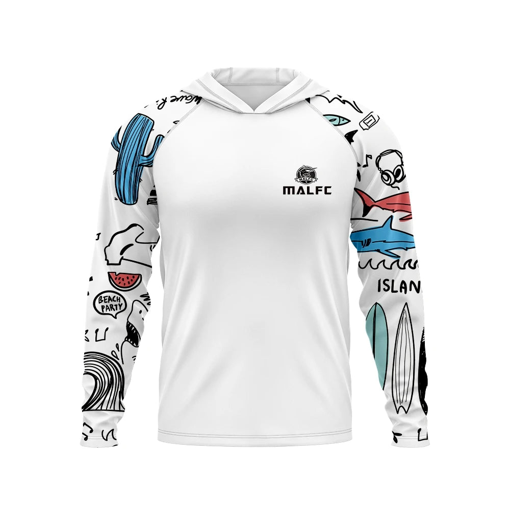 Men's UPF50+ Hooded Fishing Shirt - Ocean Wave Print