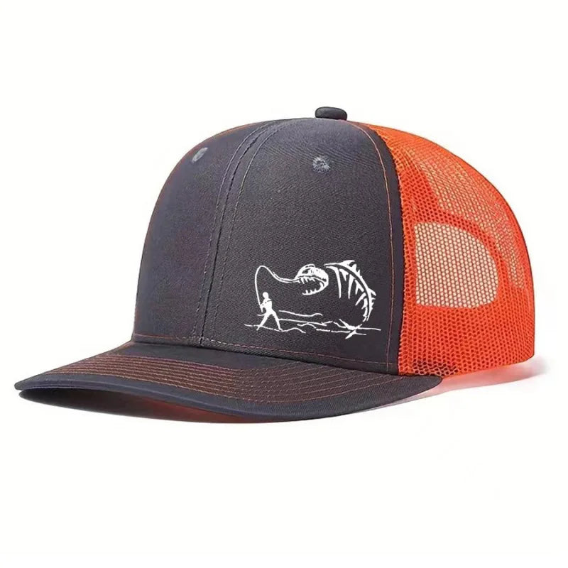 Fishing Trucker Cap - Skeleton Fish Embroidery, Mesh Back