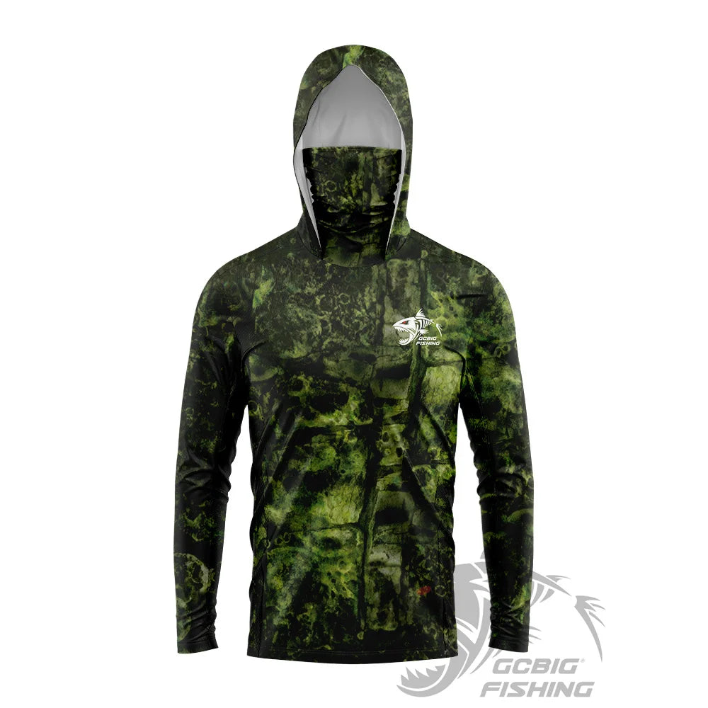 Men's UPF50+ Jungle Camo Hooded Fishing Shirt with Face Mask