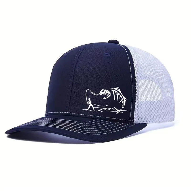 Fishing Trucker Cap - Skeleton Fish Embroidery, Mesh Back