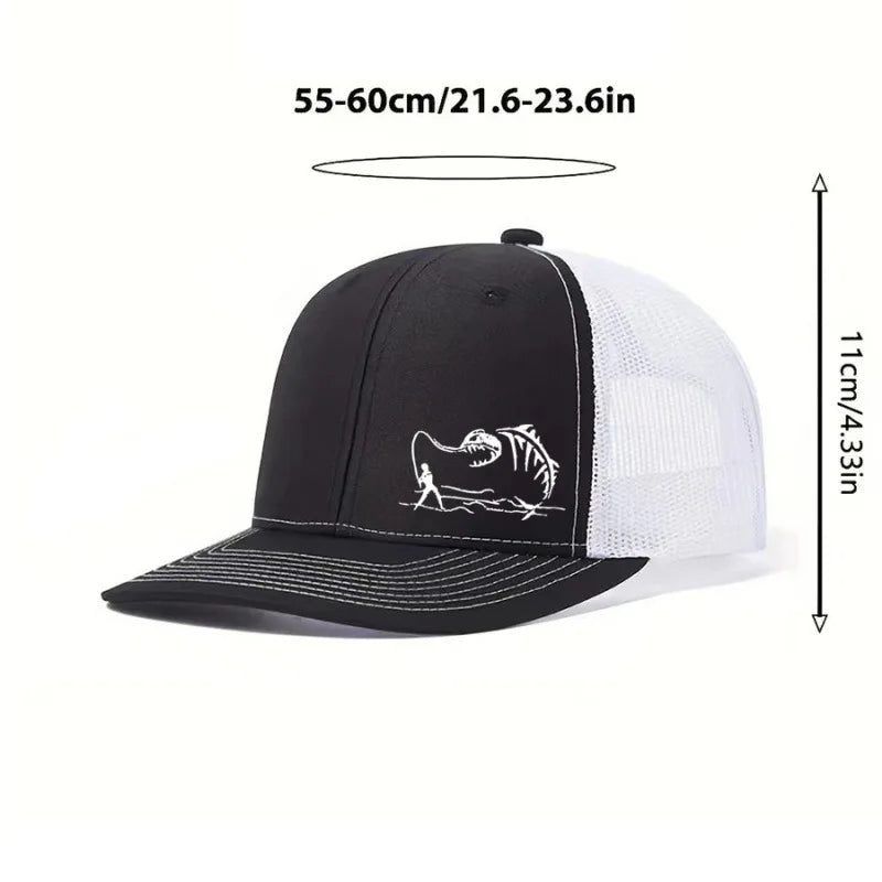 Fishing Trucker Cap - Skeleton Fish Embroidery, Mesh Back