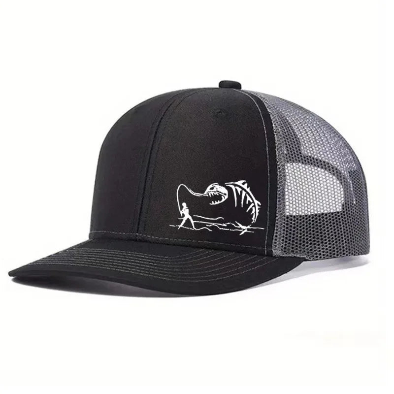Fishing Trucker Cap - Skeleton Fish Embroidery, Mesh Back