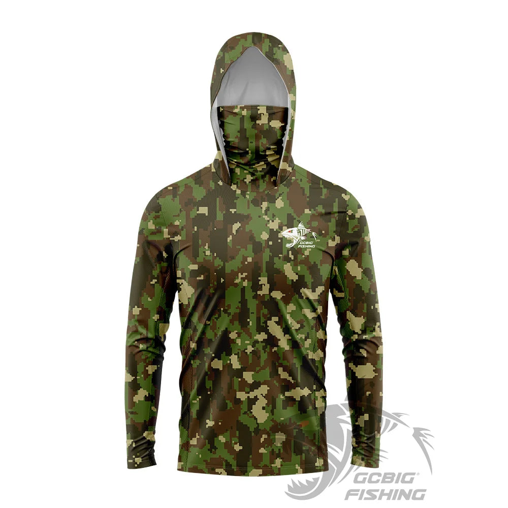 Men's UPF50+ Jungle Camo Hooded Fishing Shirt with Face Mask