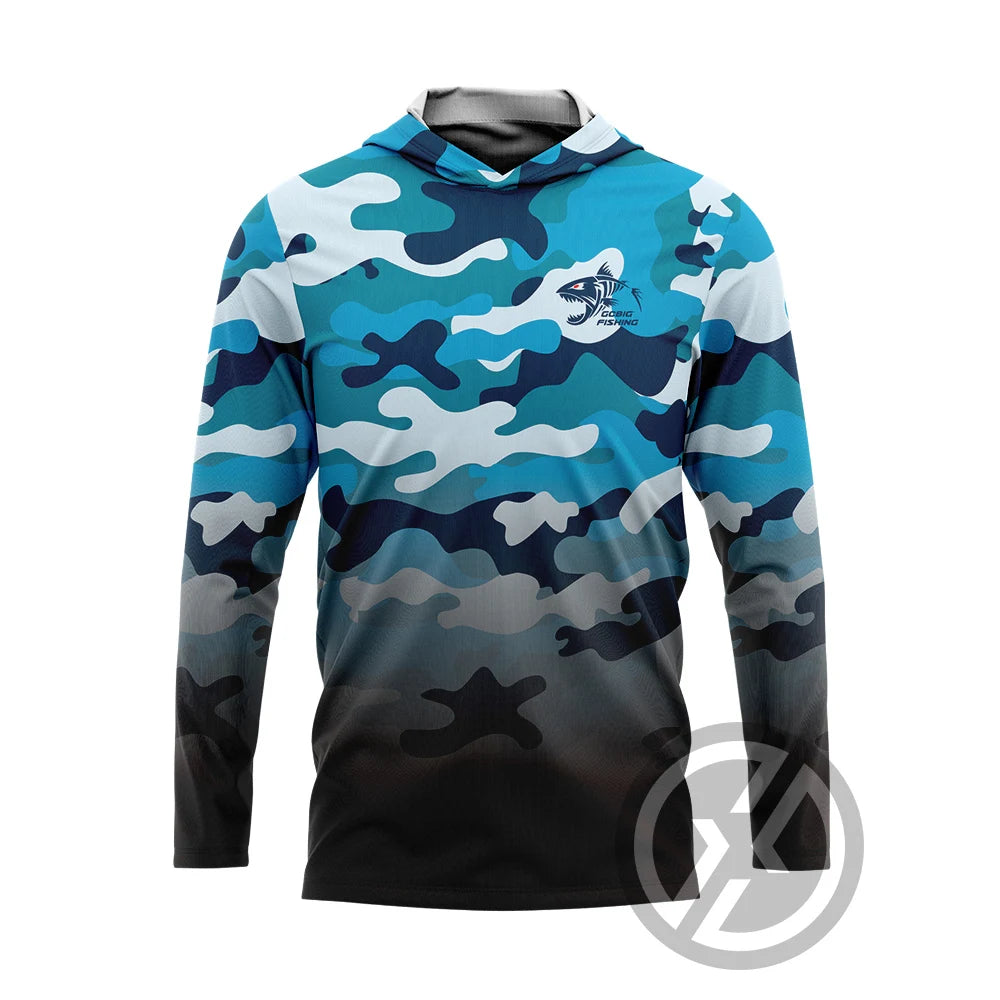 Men's UV Long Sleeve Hooded Fishing Shirt - Ocean Camo