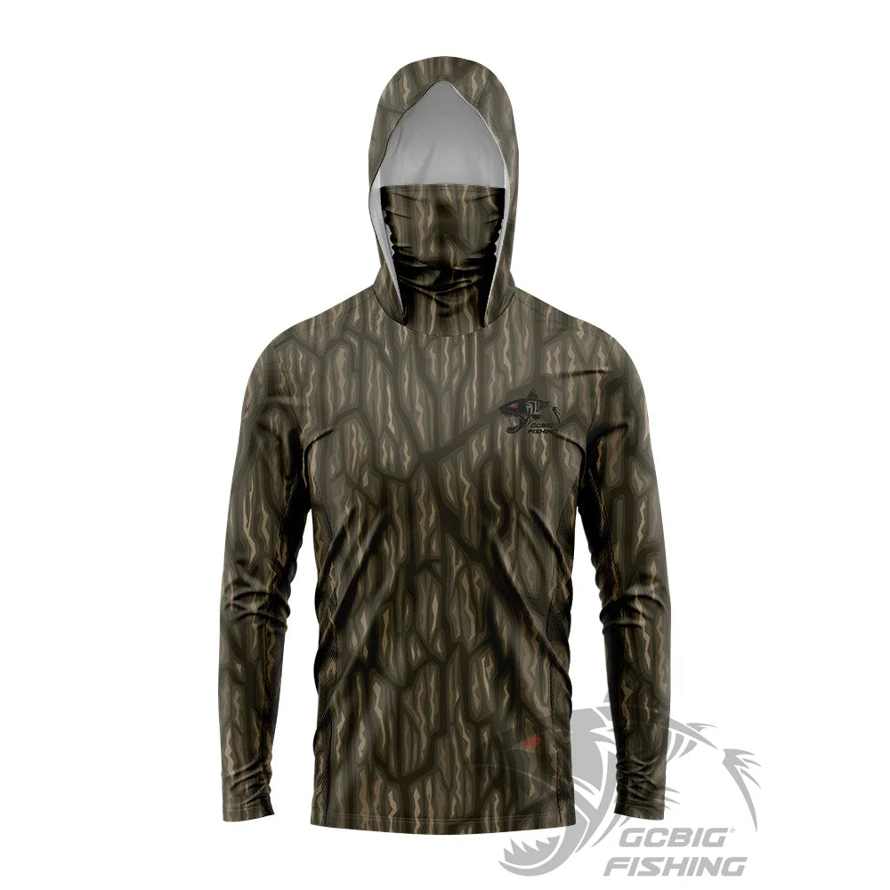 Men's UPF50+ Jungle Camo Hooded Fishing Shirt with Face Mask