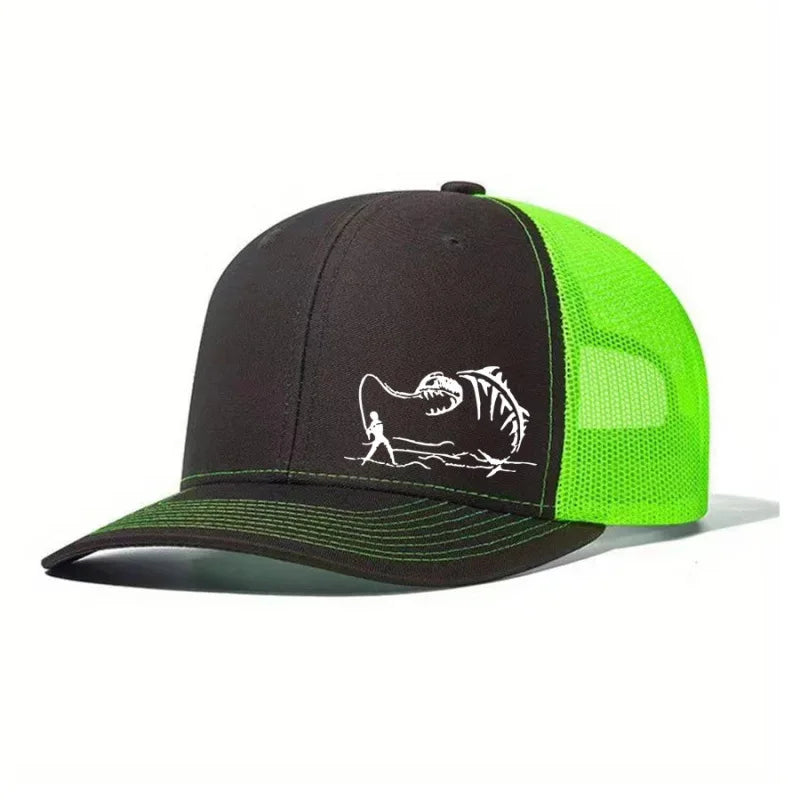 Fishing Trucker Cap - Skeleton Fish Embroidery, Mesh Back