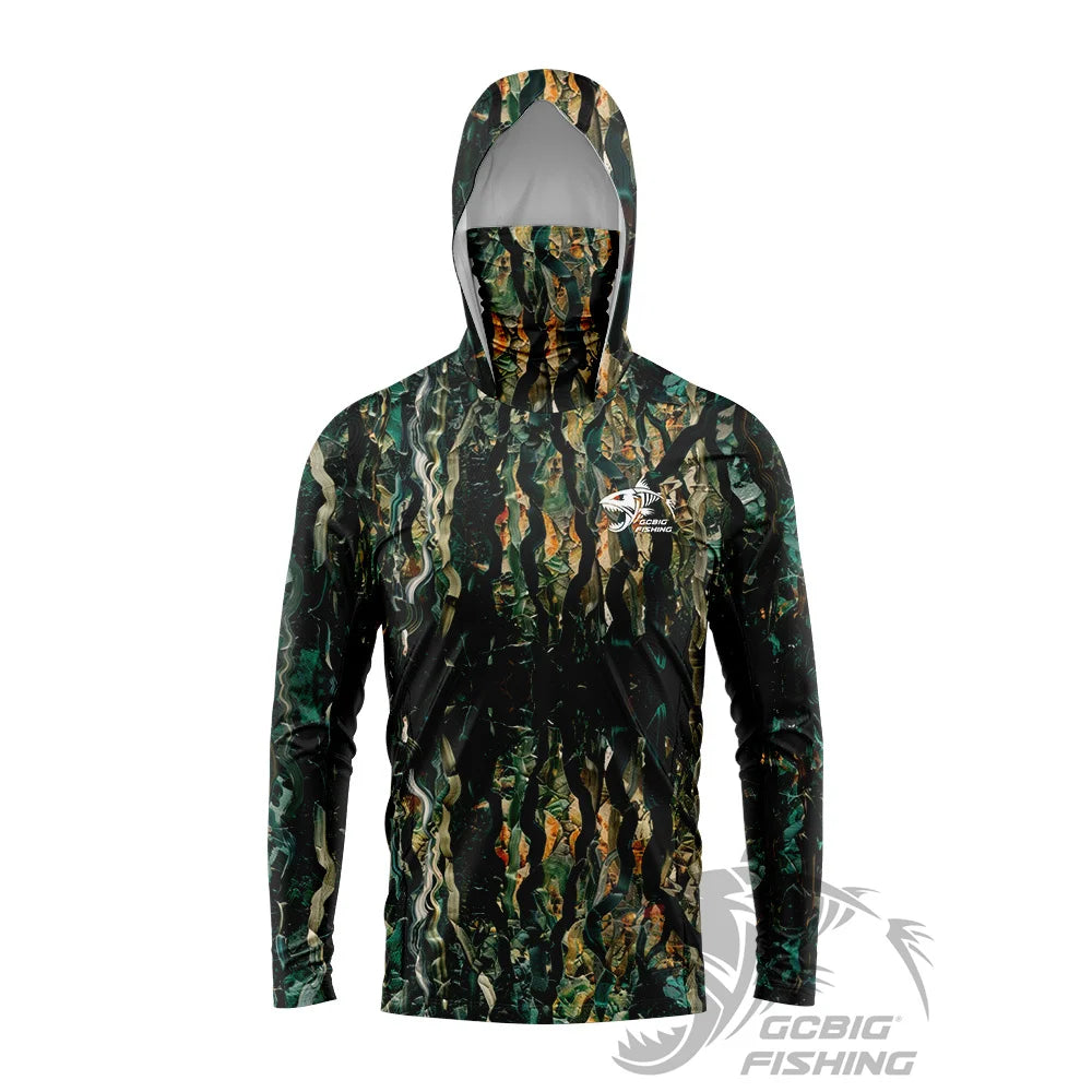 Men's UPF50+ Jungle Camo Hooded Fishing Shirt with Face Mask