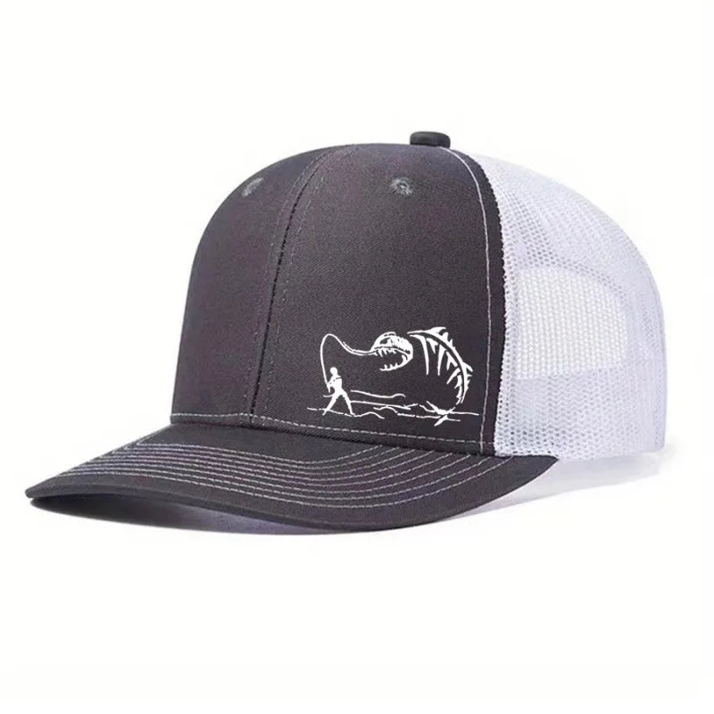 Fishing Trucker Cap - Skeleton Fish Embroidery, Mesh Back
