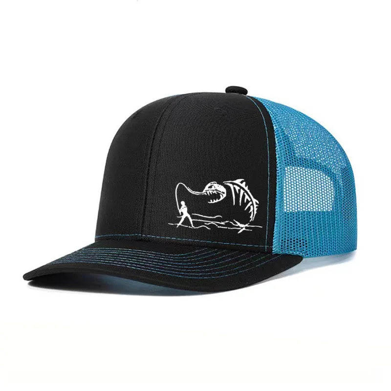 Fishing Trucker Cap - Skeleton Fish Embroidery, Mesh Back