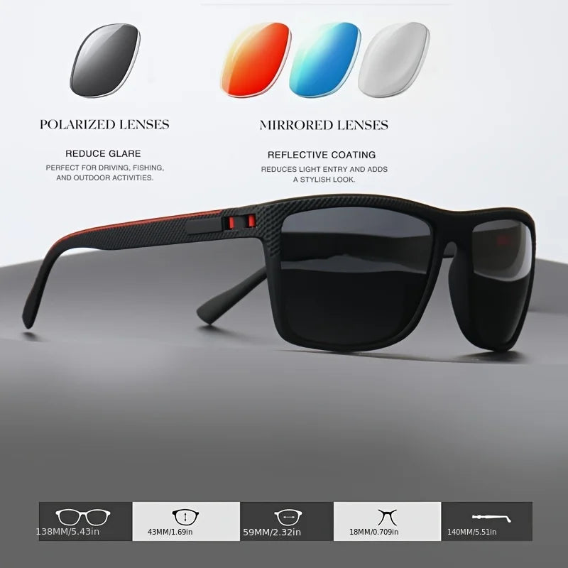 Polarized Square Frame Sunglasses - UV400, Mirror Lenses, Spring Hinges