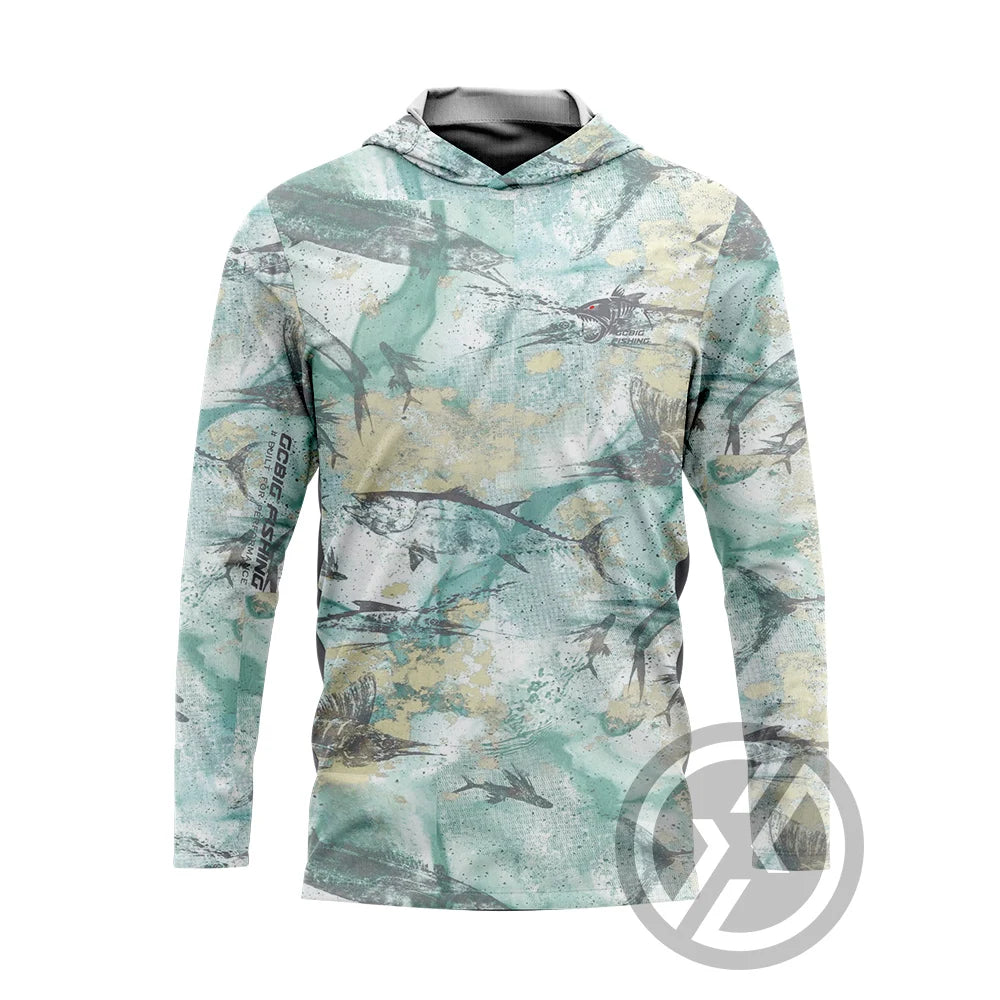 Men's UV Long Sleeve Hooded Fishing Shirt - Ocean Camo