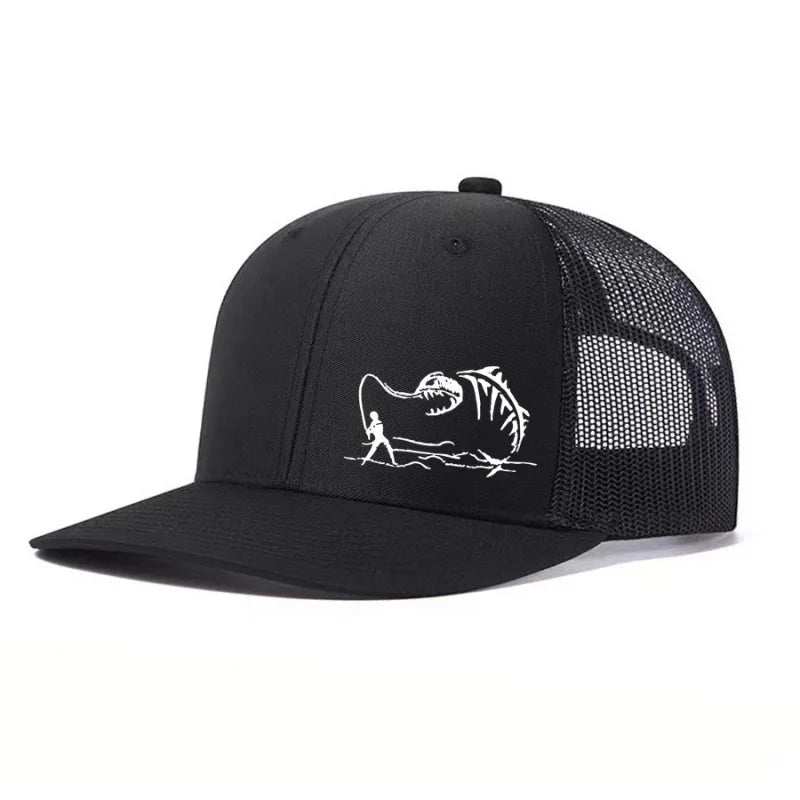 Fishing Trucker Cap - Skeleton Fish Embroidery, Mesh Back