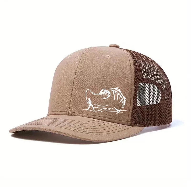 Fishing Trucker Cap - Skeleton Fish Embroidery, Mesh Back