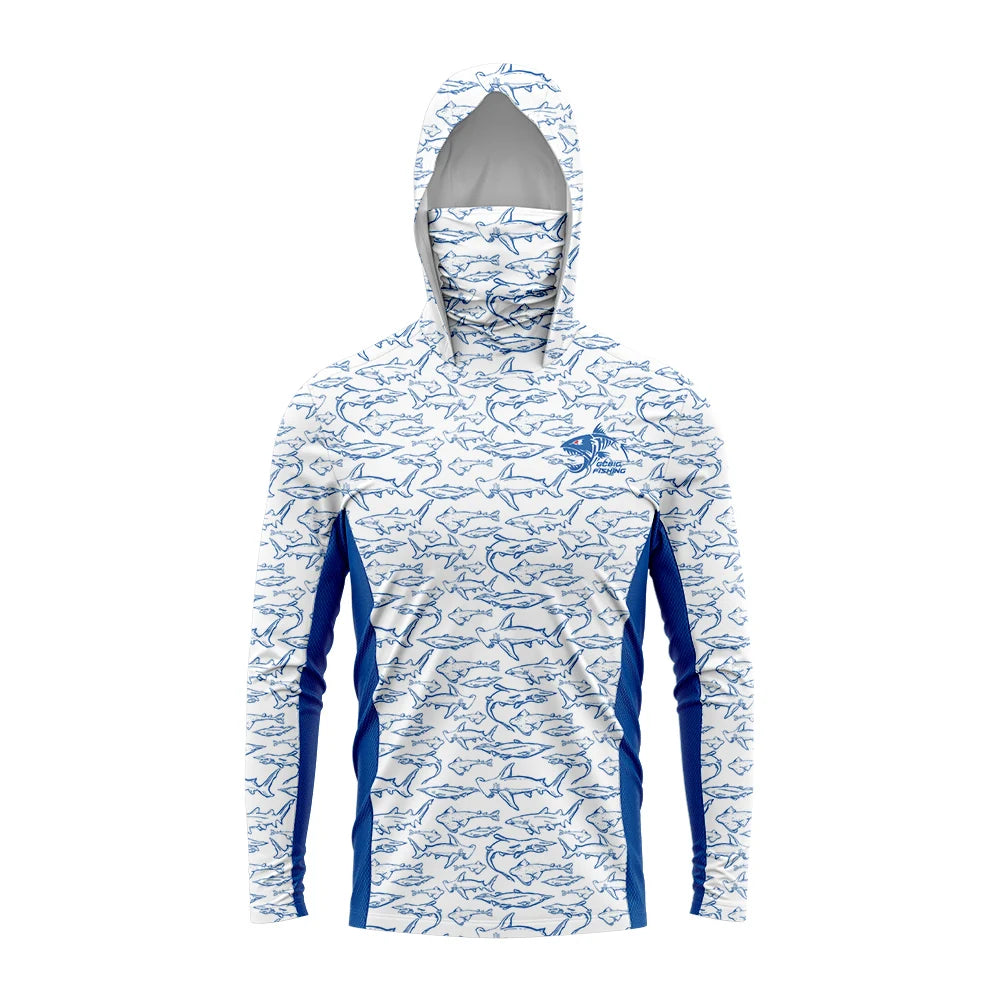 Men's Anti-UV Fishing Hoodie with Face Mask - Shark Print