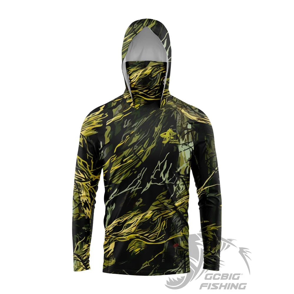 Men's UPF50+ Jungle Camo Hooded Fishing Shirt with Face Mask
