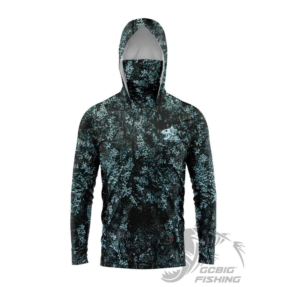 Men's UPF50+ Jungle Camo Hooded Fishing Shirt with Face Mask