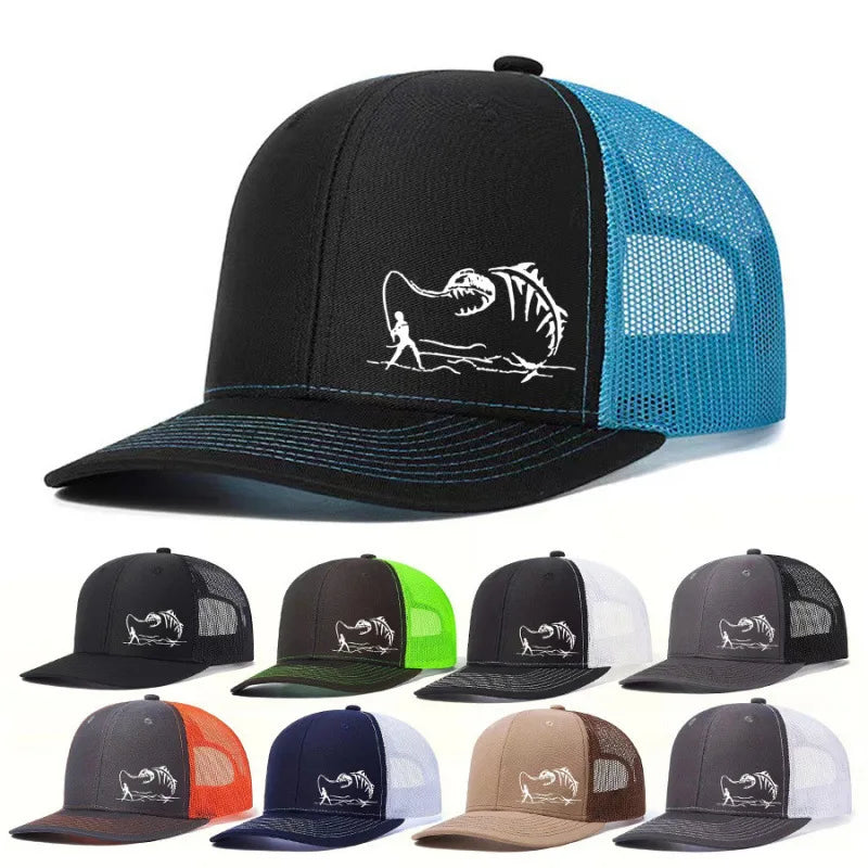 Fishing Trucker Cap - Skeleton Fish Embroidery, Mesh Back