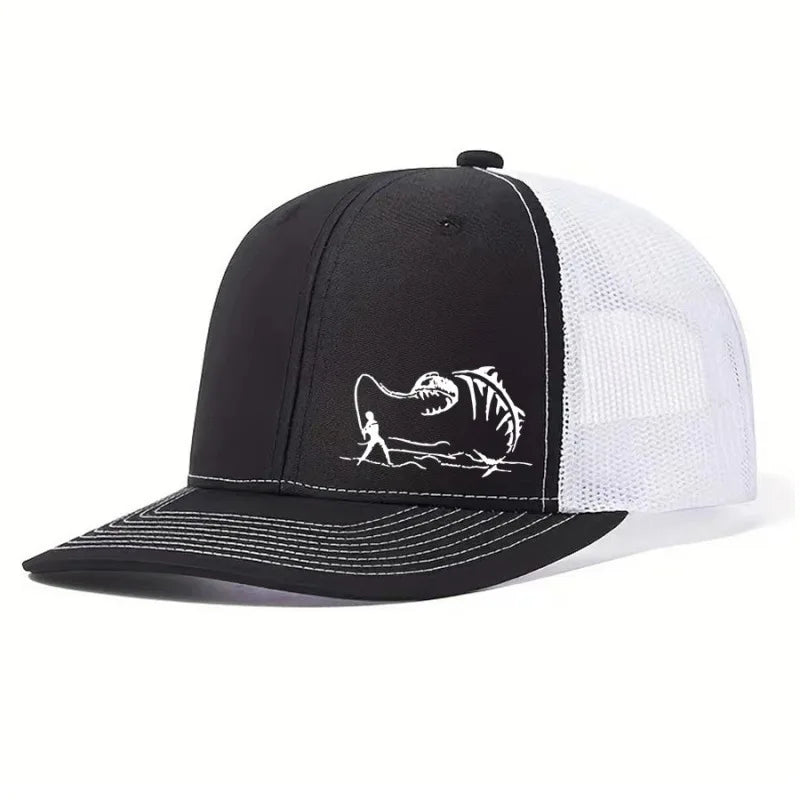 Fishing Trucker Cap - Skeleton Fish Embroidery, Mesh Back