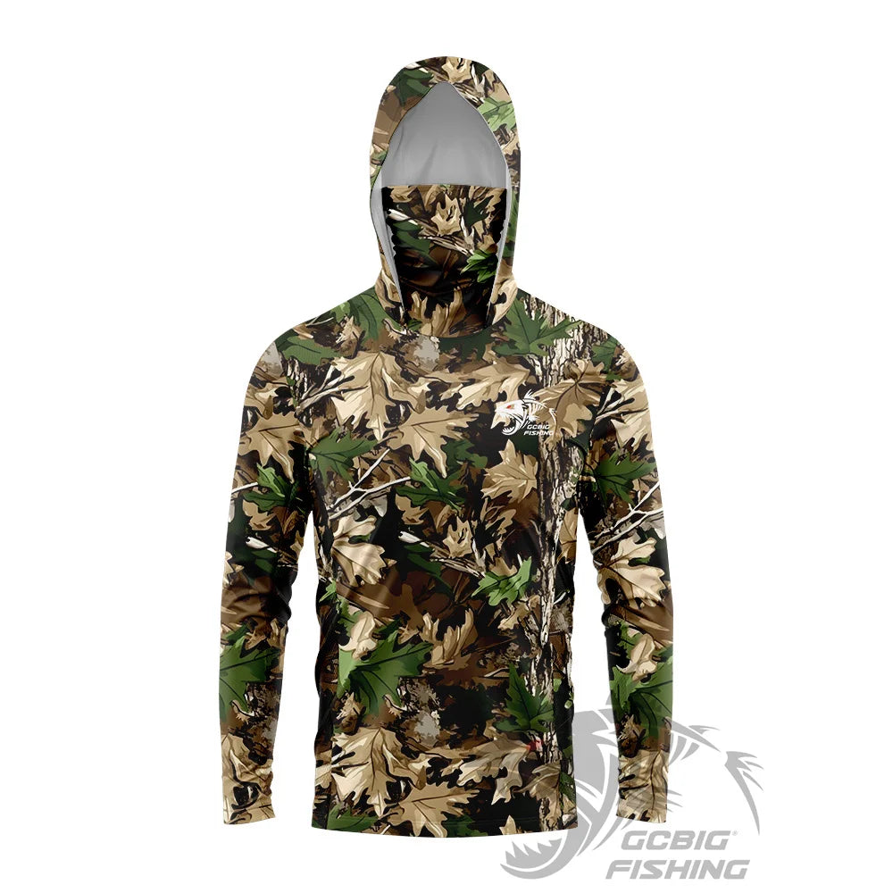 Men's UPF50+ Jungle Camo Hooded Fishing Shirt with Face Mask