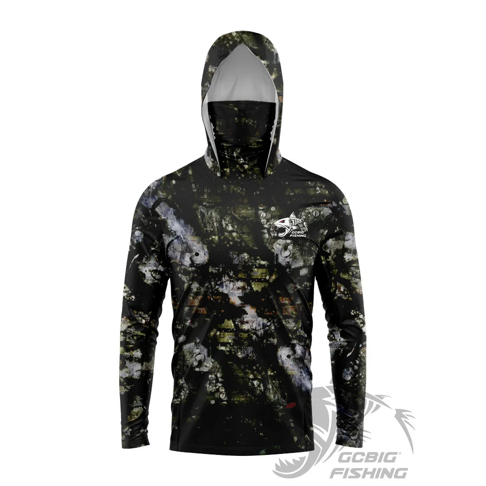 Men's UPF50+ Jungle Camo Hooded Fishing Shirt with Face Mask