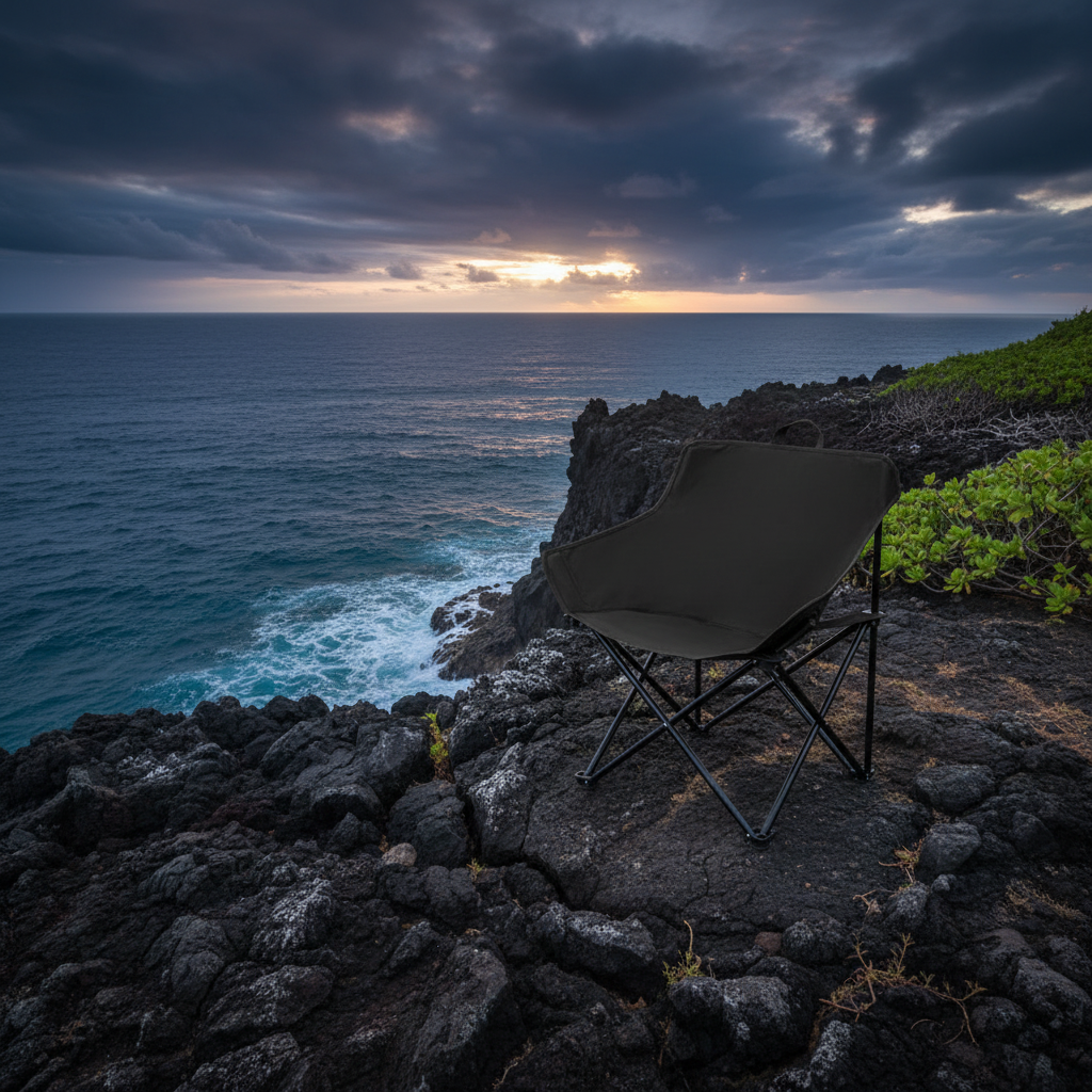 Black chair on ocean cliff