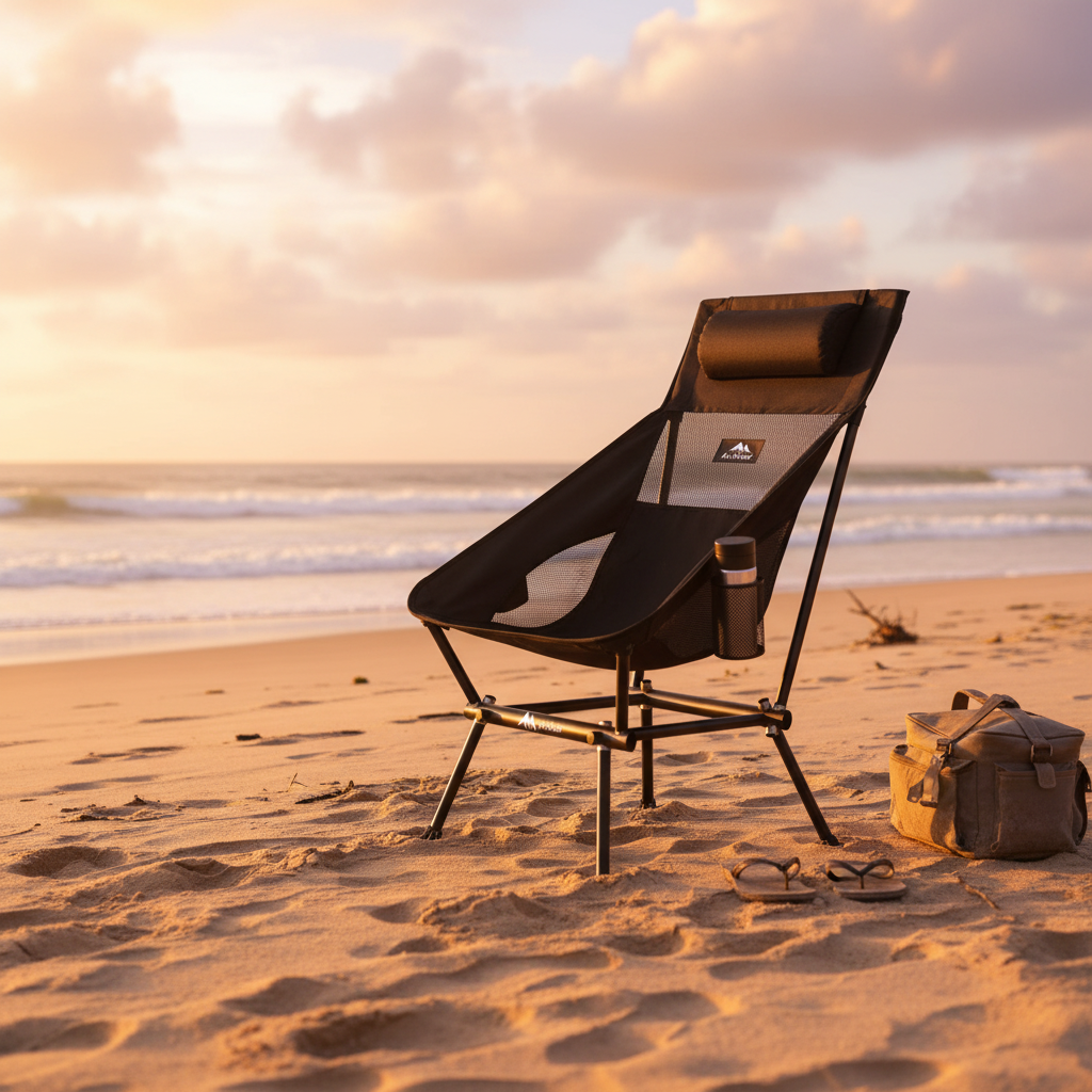 Black high-back chair at beach