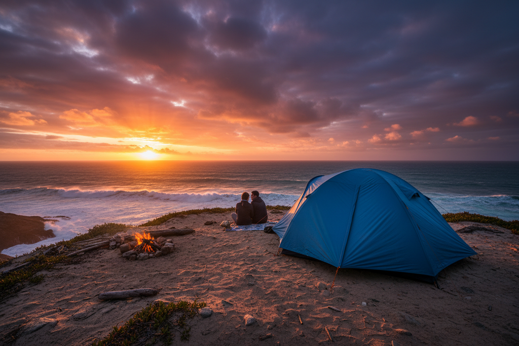 Blue tent on coastal headland