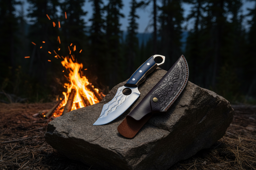 Camping knife by campfire