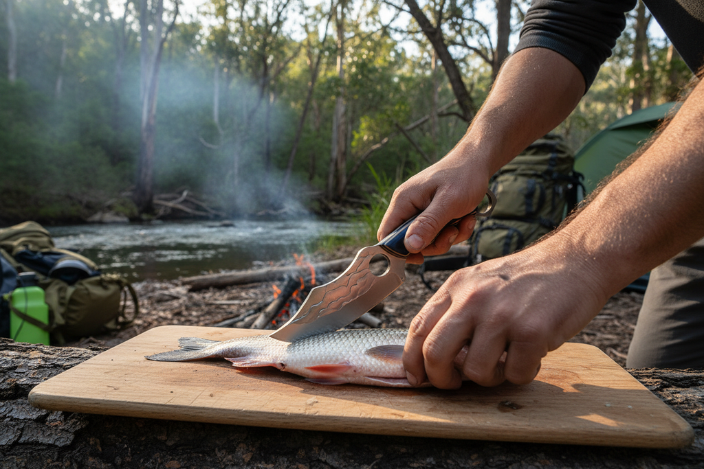 Camping knife preparing fish