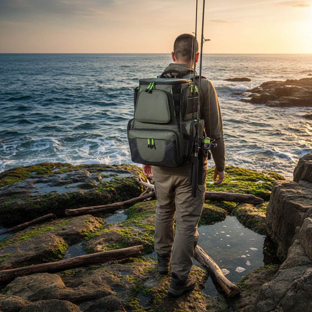 Fishing backpack on coastal rocks