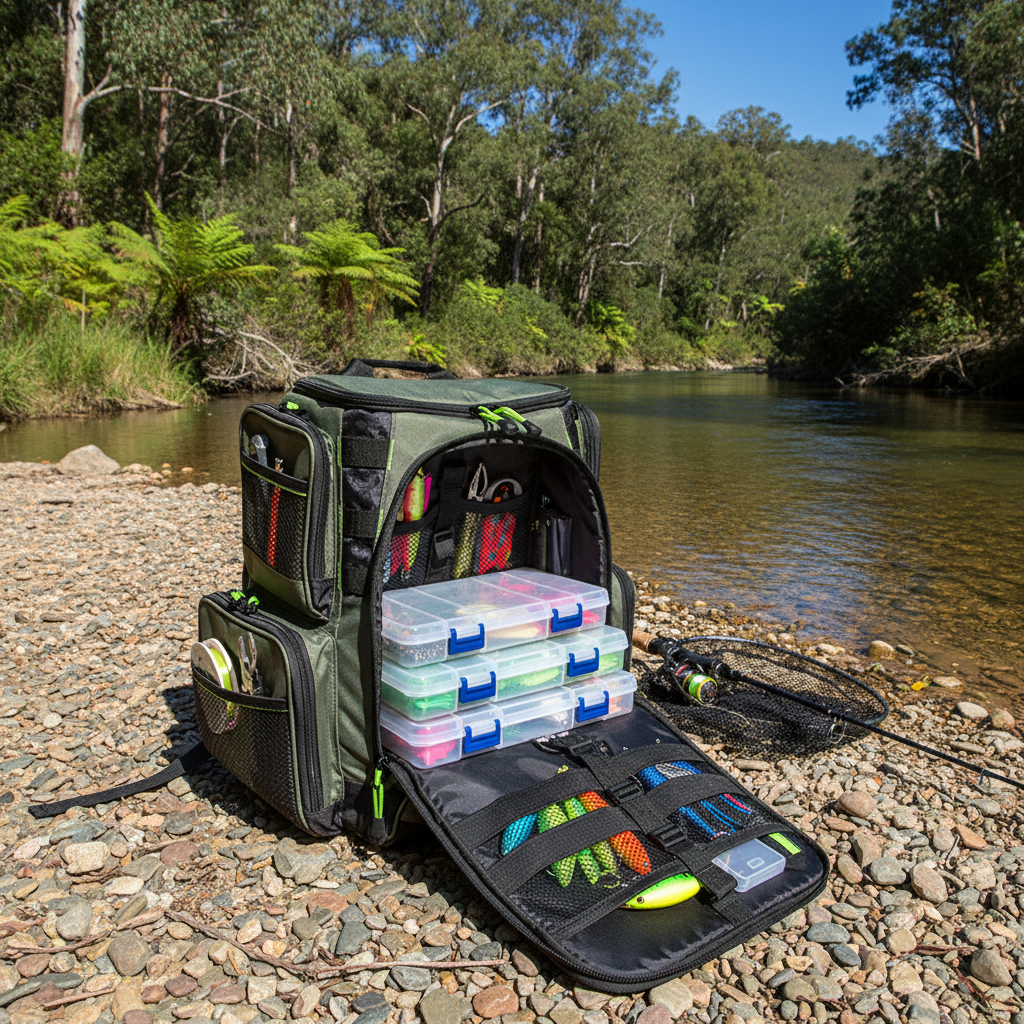 Fishing backpack open by river