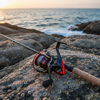 Fishing reel on coastal rocks