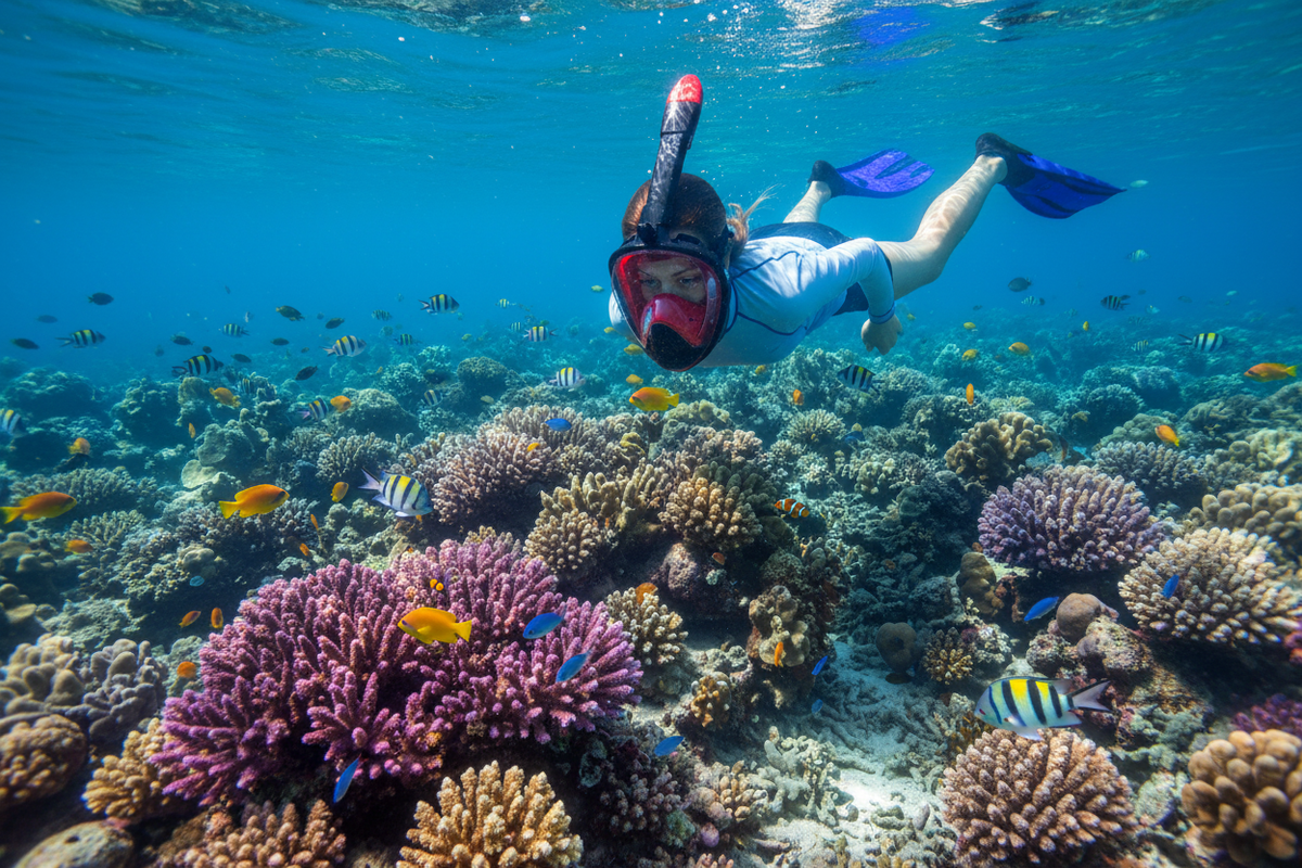 Full face mask over coral reef