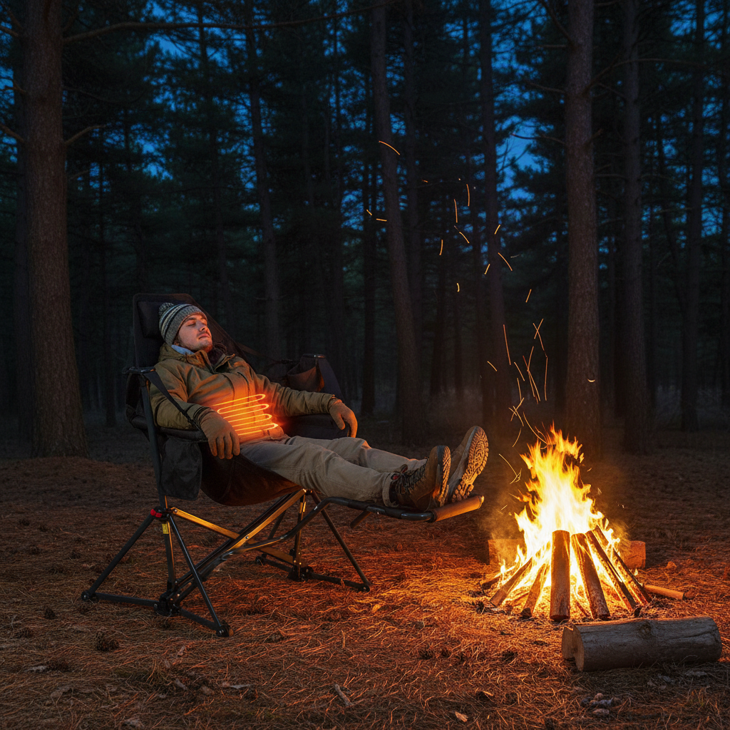 Heated hammock chair by campfire