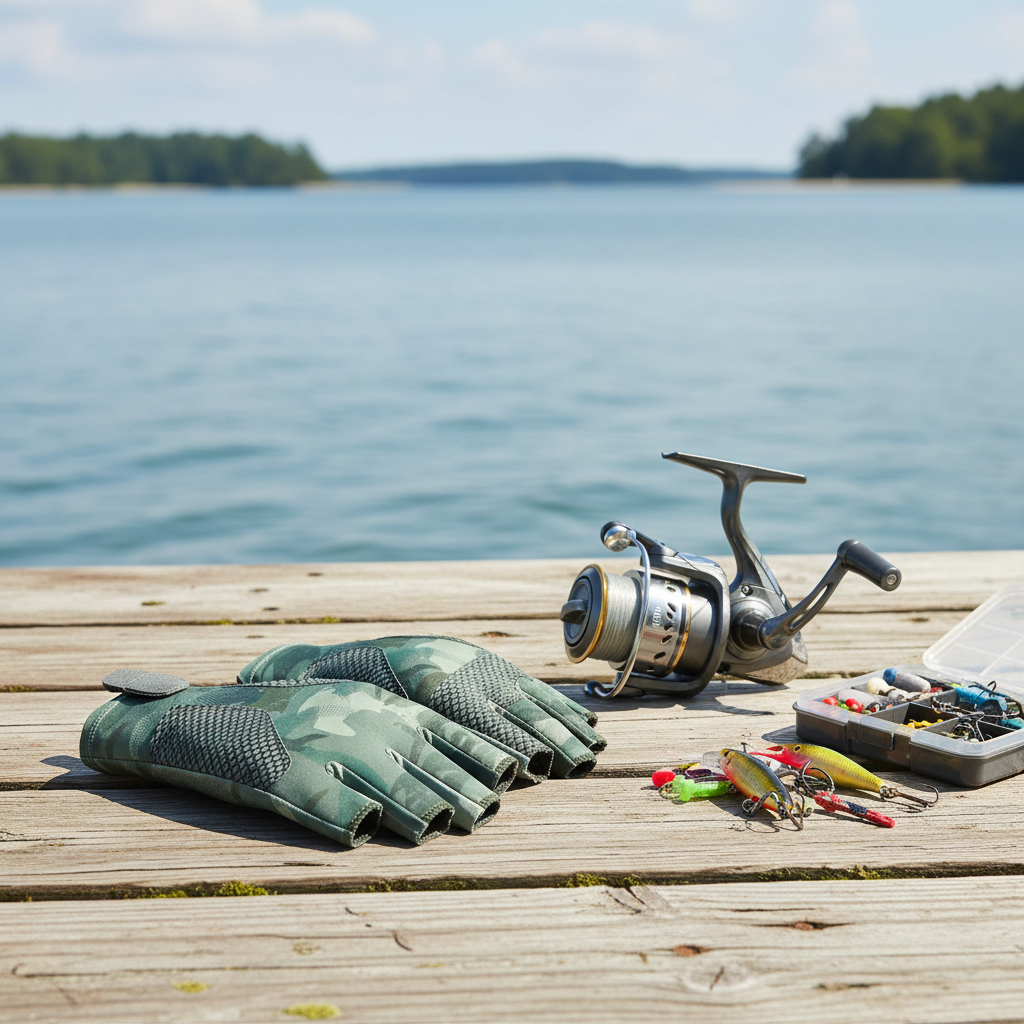 Fingerless fishing gloves on wooden dock with fishing tackle