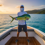 Angler in shark print fishing hoodie holding fish on boat deck at golden hour