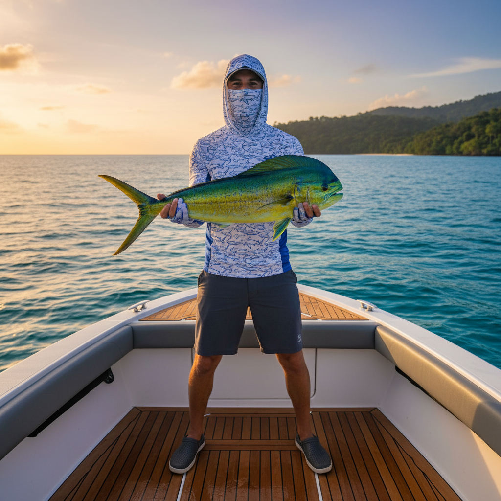Angler in shark print fishing hoodie holding fish on boat deck at golden hour