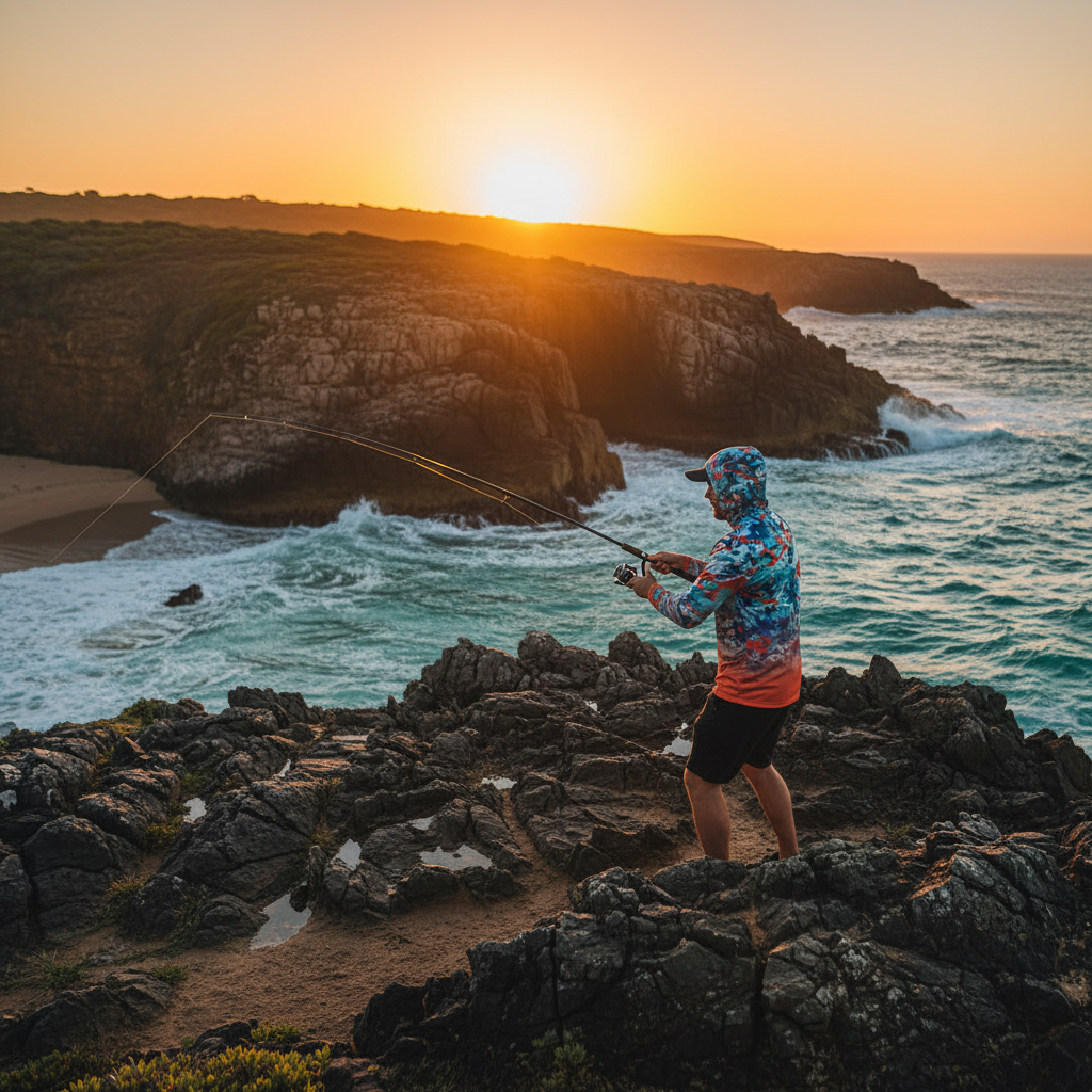 Angler wearing UV hooded fishing shirt casting from coastal headland at sunrise