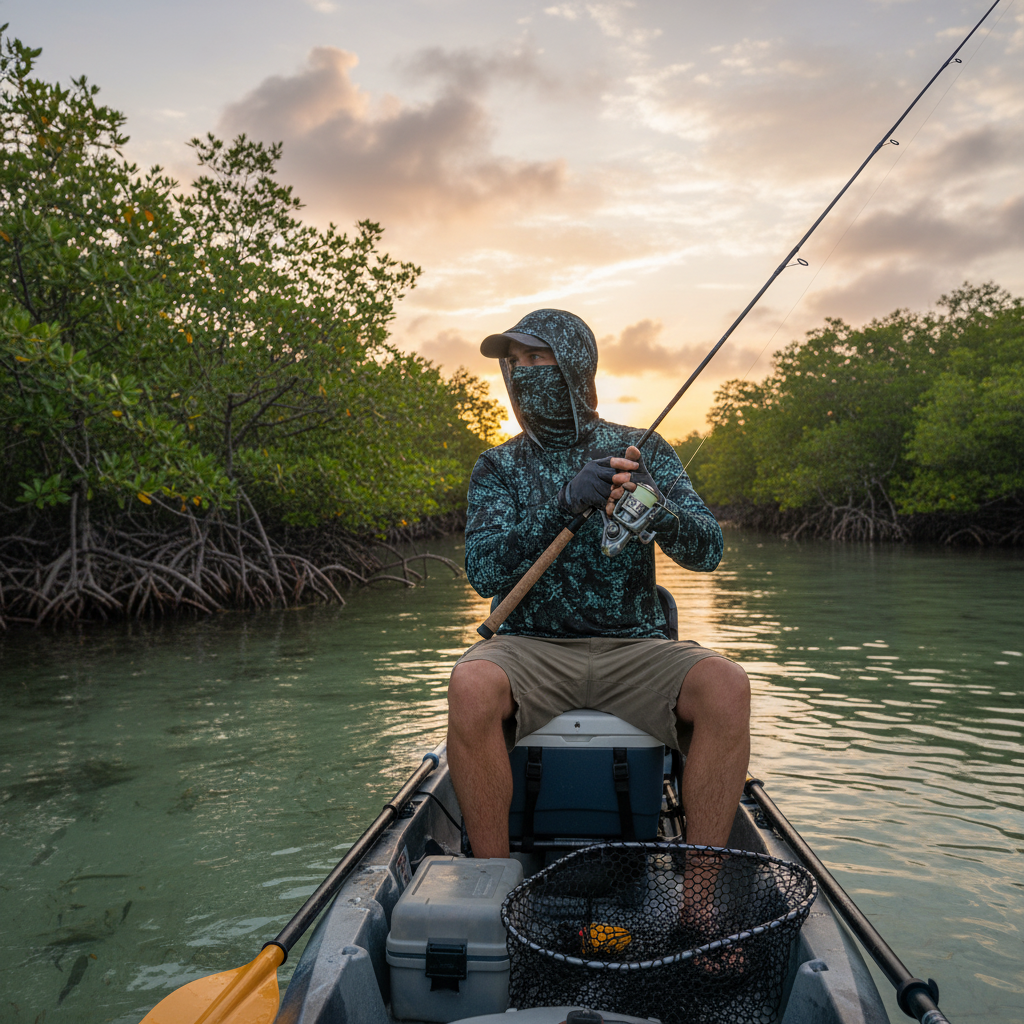 Angler in jungle camo hooded fishing shirt fishing from mangrove estuary at dawn