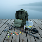 Baitium fishing tackle backpack open on wooden jetty with fishing gear