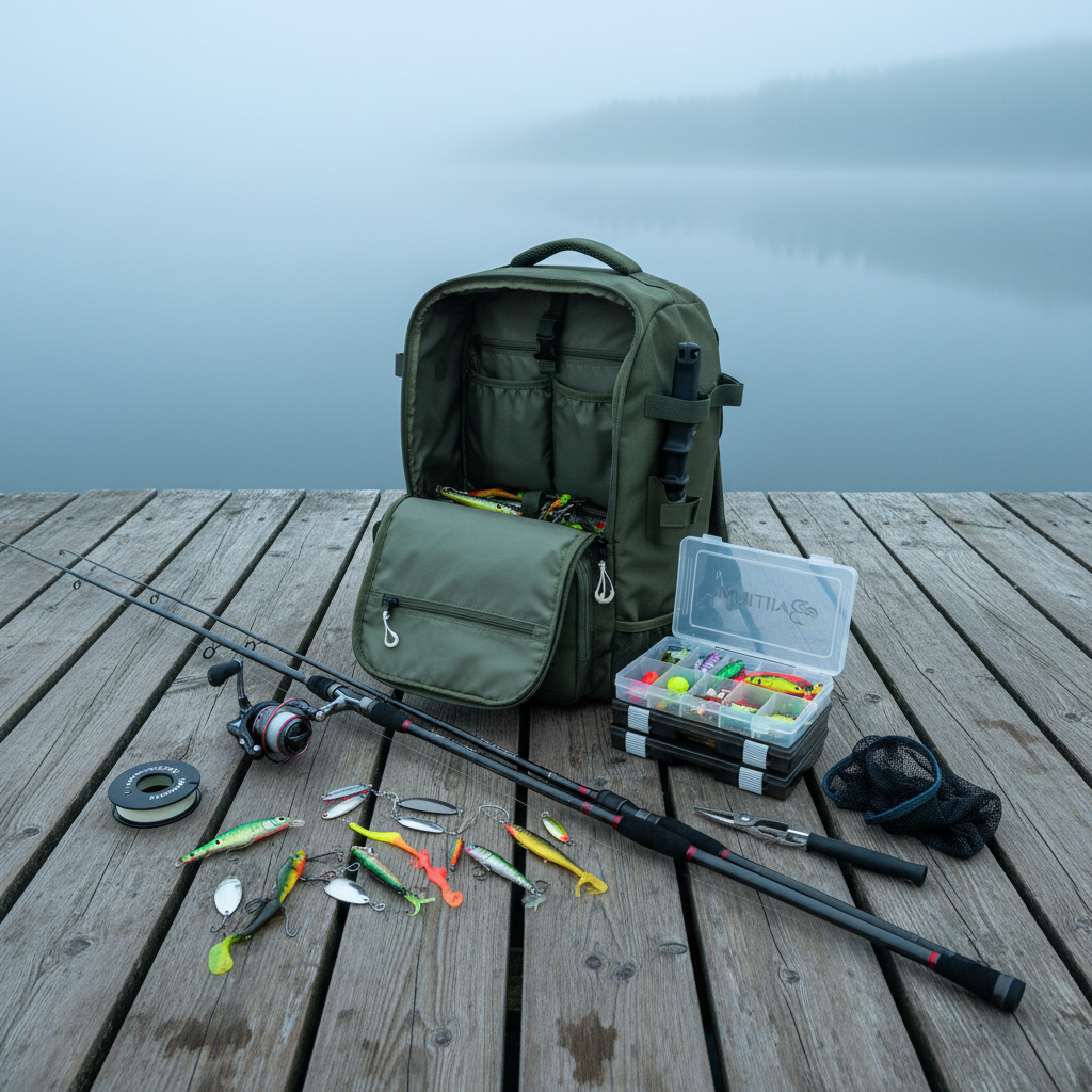 Baitium fishing tackle backpack open on wooden jetty with fishing gear