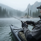 Black flip-tip fishing gloves worn by kayaker in cold misty river