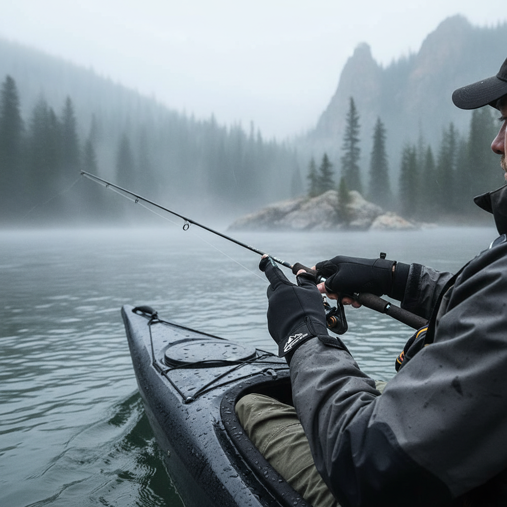 Black flip-tip fishing gloves worn by kayaker in cold misty river