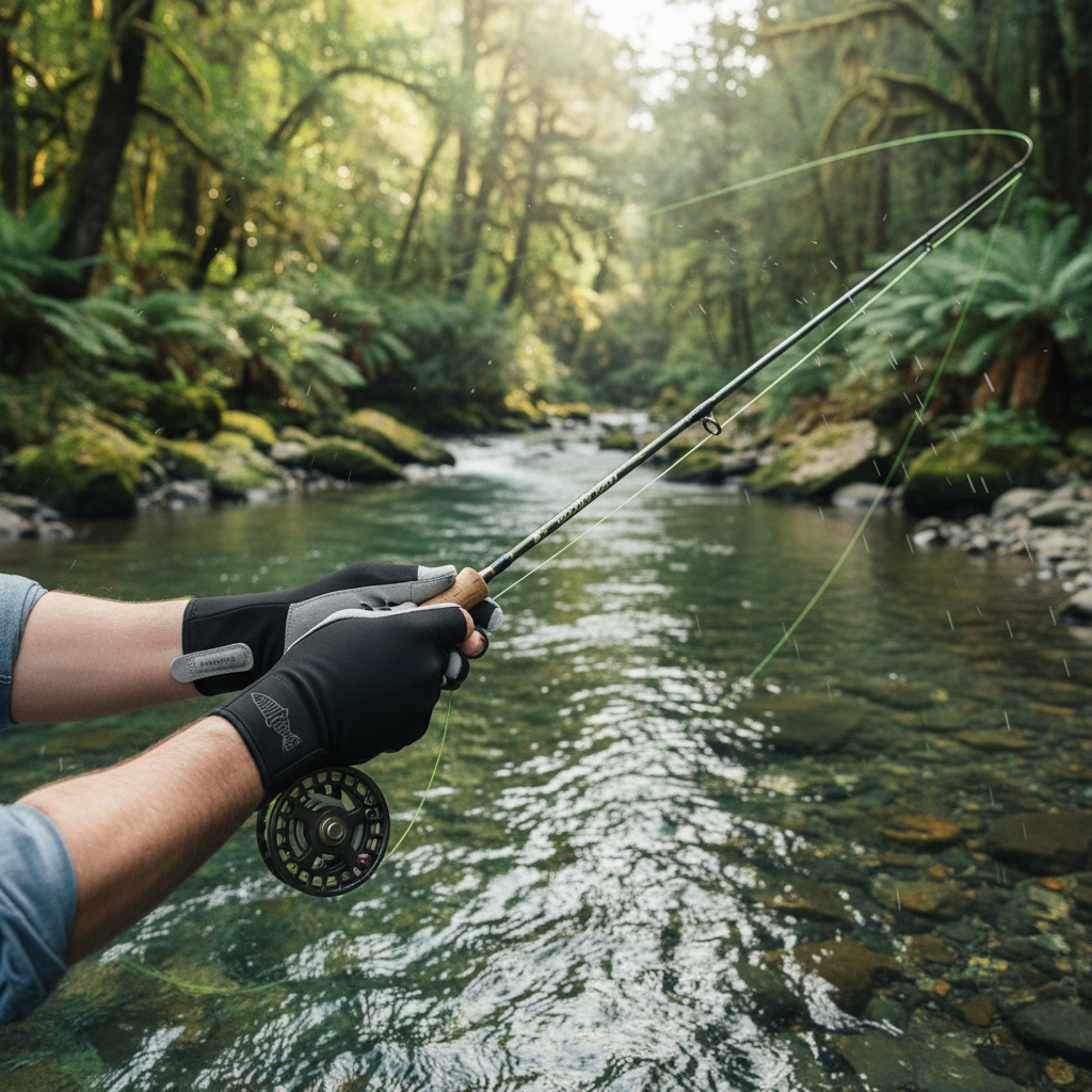 Black fingerless gloves worn by angler fly fishing in a clear river