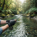Black fingerless gloves worn by angler fly fishing in a clear river