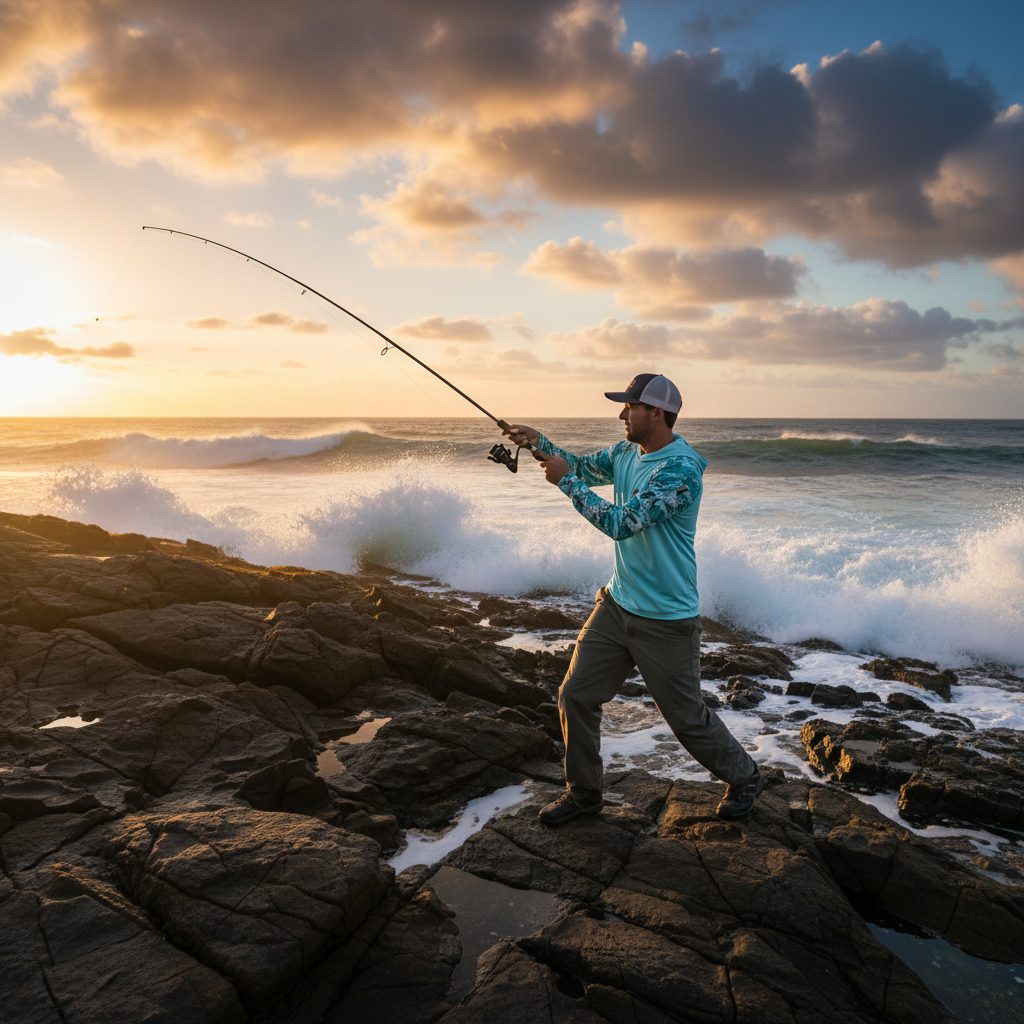 Angler in hooded UPF50 fishing shirt casting from rocky shoreline at golden hour