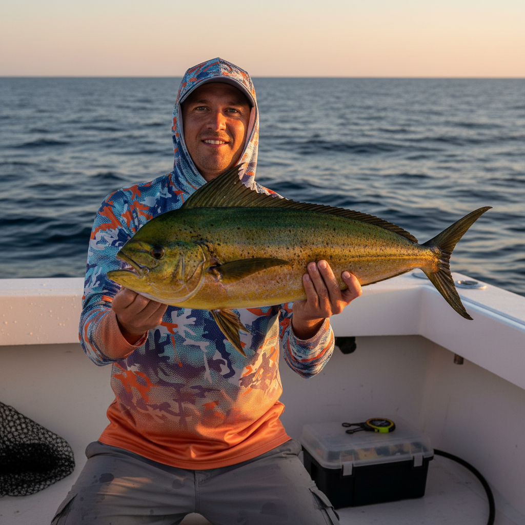 Angler in UV hooded fishing shirt holding fish on boat deck at golden hour