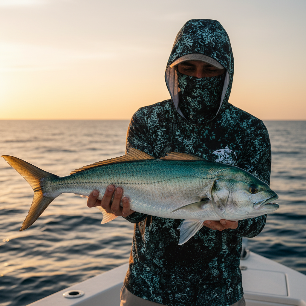 Angler in jungle camo fishing shirt with face mask holding fish on boat