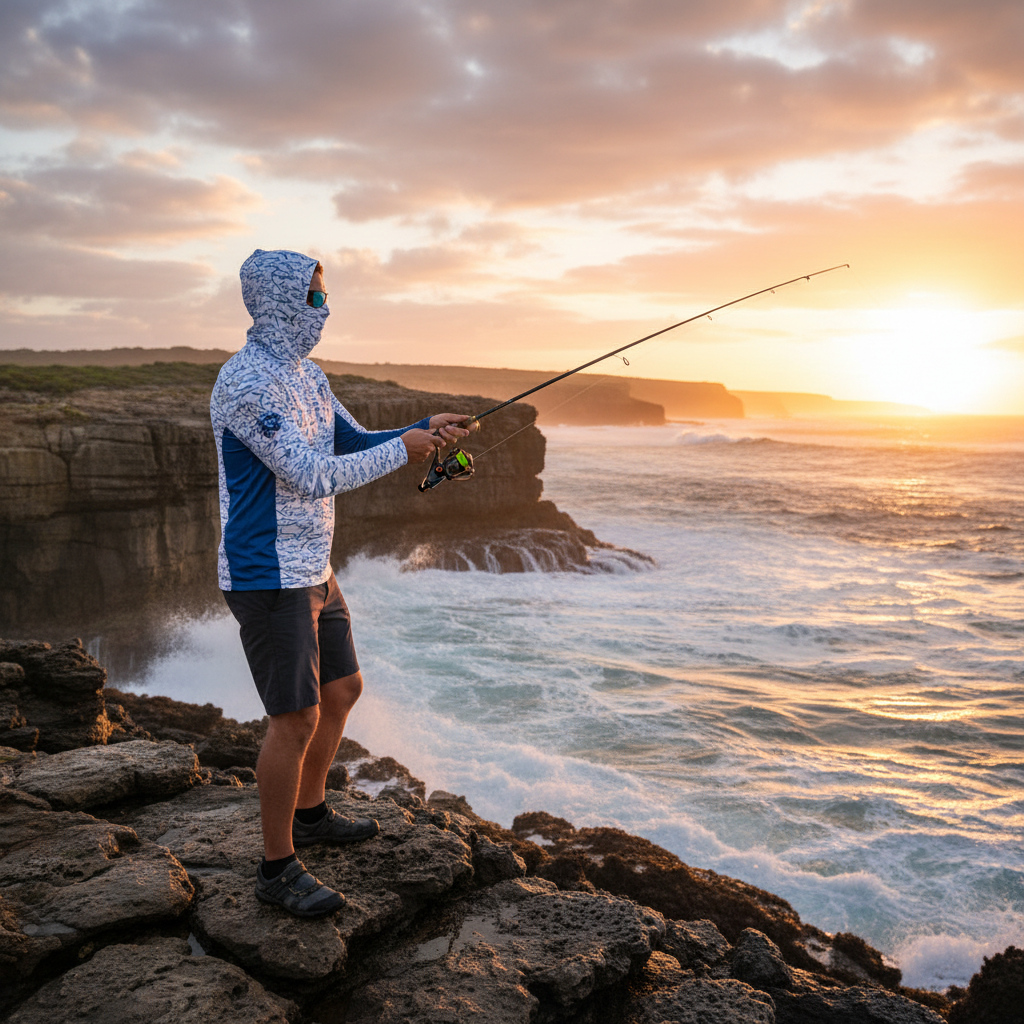 Angler wearing shark print UV fishing hoodie fishing from rocky ocean headland at sunrise